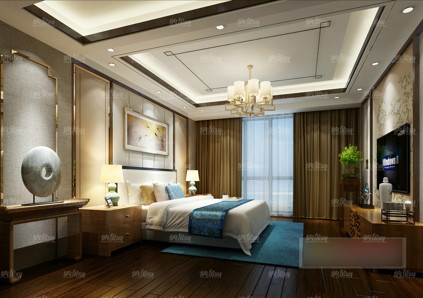 中式古典精致清新卧室全景模型