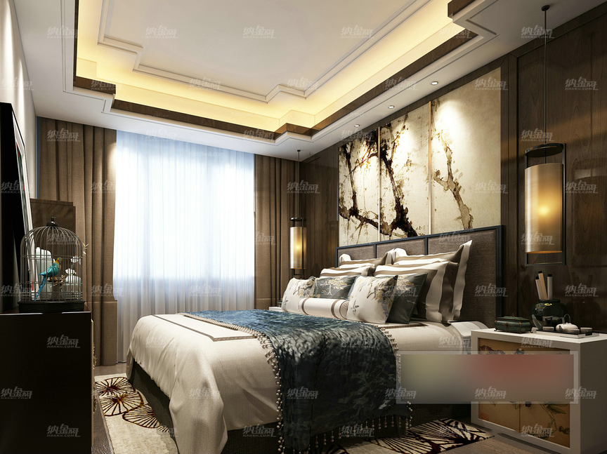 中式古典雅致水墨卧室全景模型
