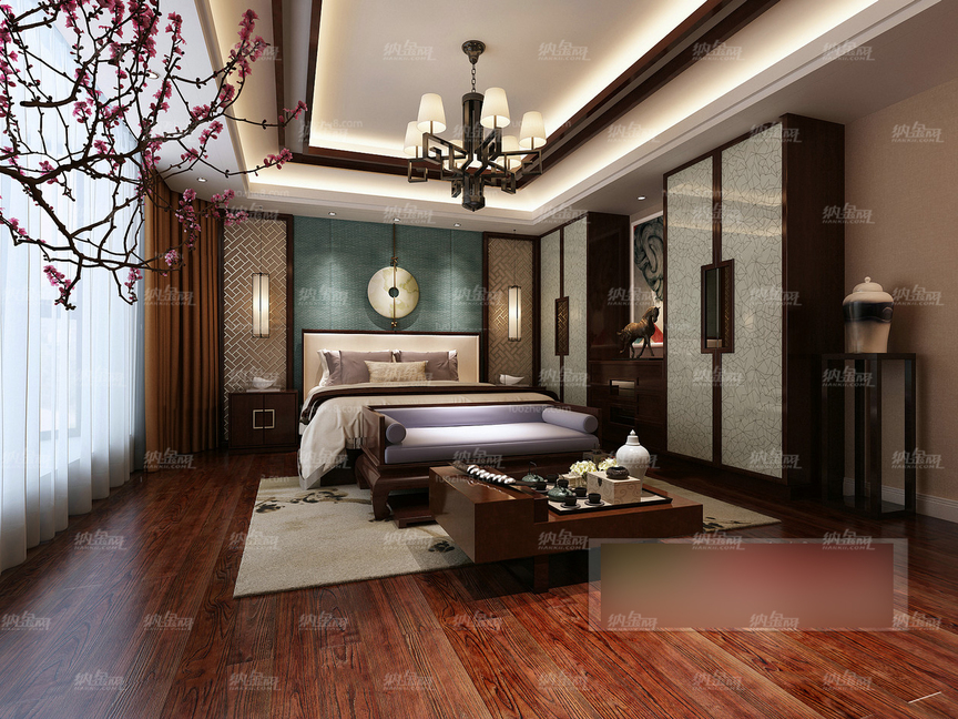 中式古典唯美梅园卧室全景模型