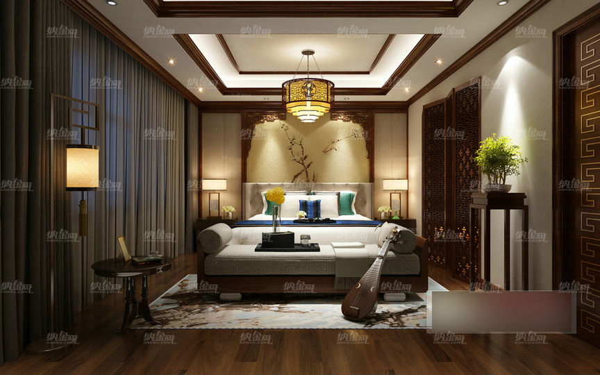 中式古典优雅自然卧室全景模型