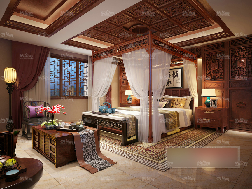 中式传统古朴雅致卧室全景模型