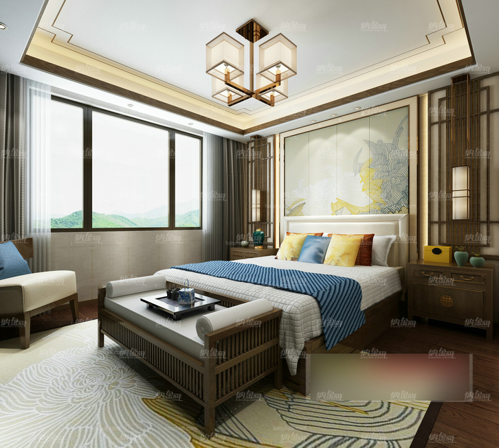 中式古典简洁清新卧室全景模型