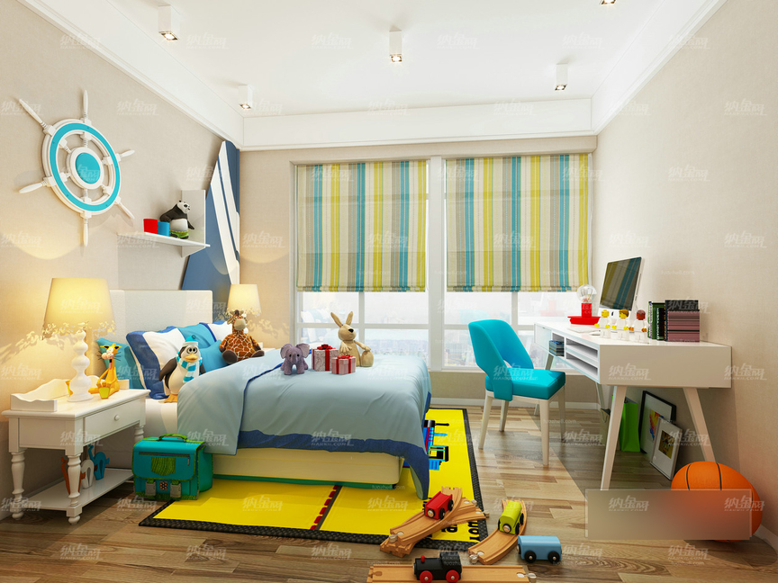 现代鲜艳俏皮儿童卧室全景模型