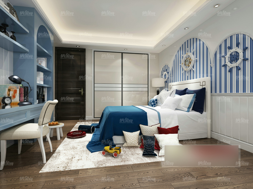 清新自然航海风儿童卧室全景模型