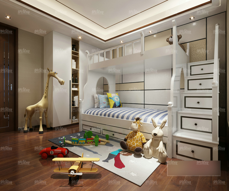可爱卡通动物园儿童双人卧室全景模型