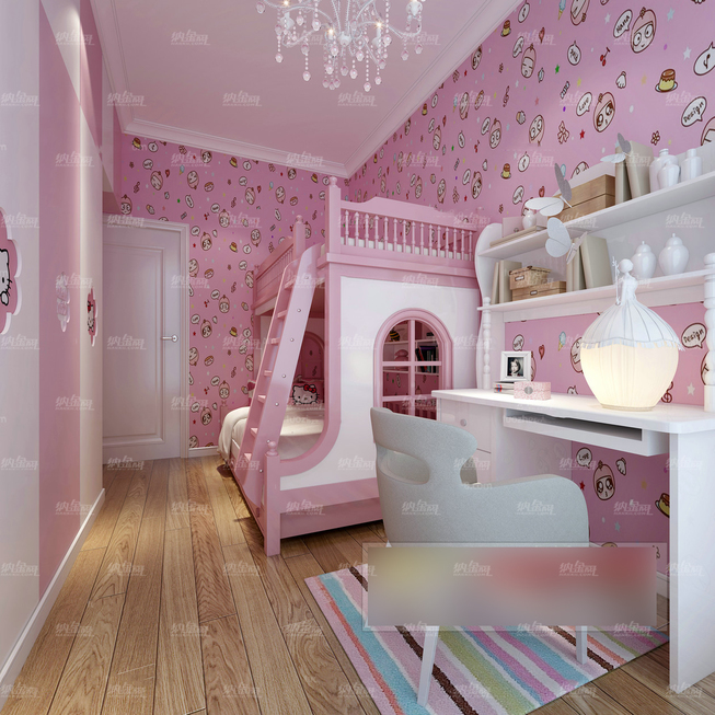 可爱粉嫩精致公主儿童卧室全景模型