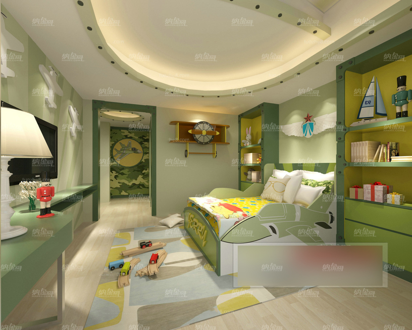 清新迷彩绿儿童卧室全景模型