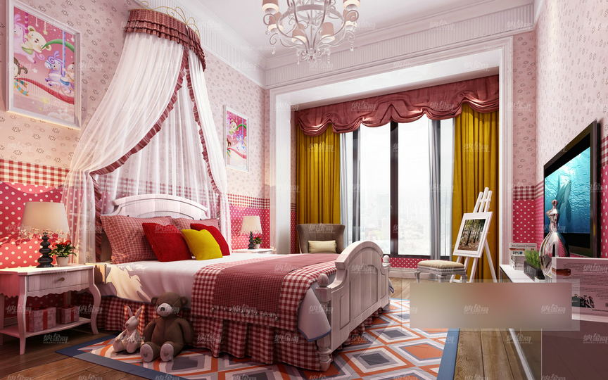 俏皮红色格子公主房卧室全景模型