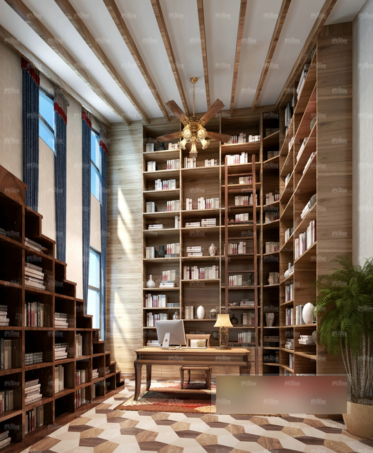 欧式高大宽敞书房全景模型