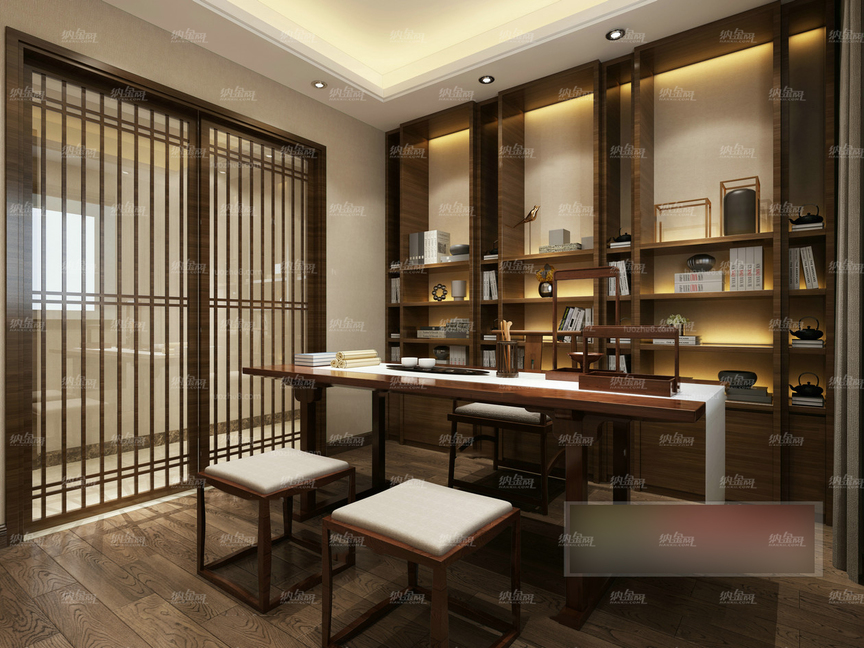 中式古典静谧优雅书房全景模型