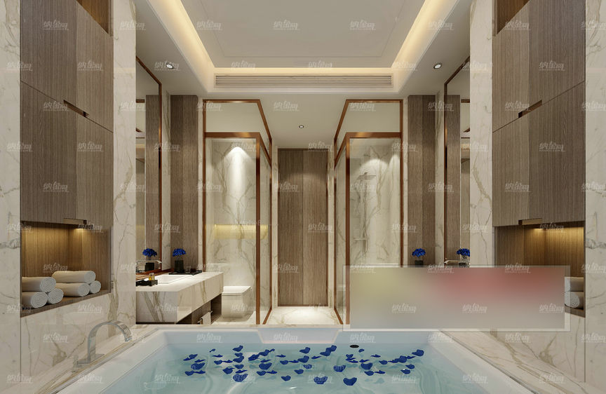现代明亮洁净酒店浴室全景模型