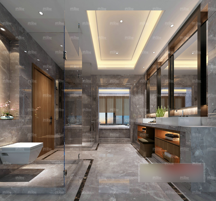 现代大气玻璃隔间酒店浴室全景模型
