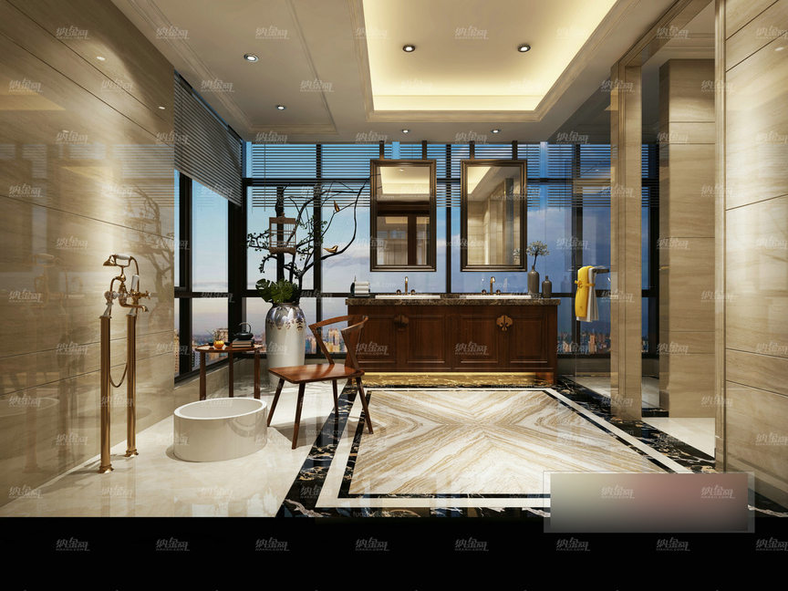 现代中式优雅酒店浴室全景模型