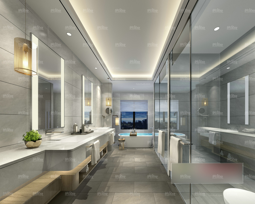 现代宽敞大气整洁酒店浴室全景模型
