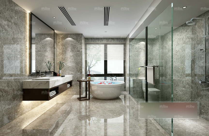 现代宽敞明亮酒店浴室全景模型