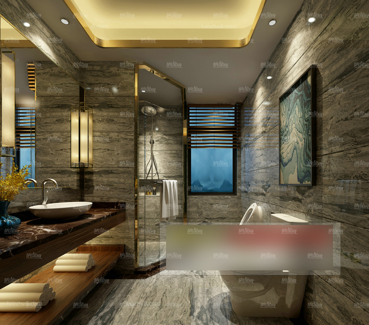 复古纹理大理石板酒店浴室全景模型