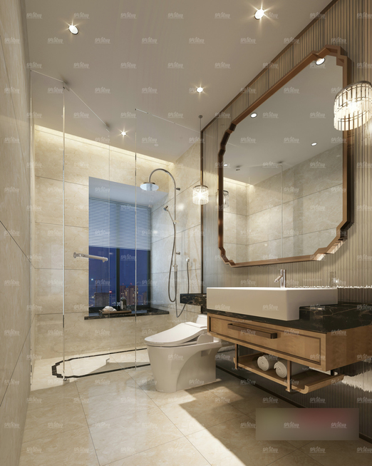 欧式复古整洁浴室全景模型