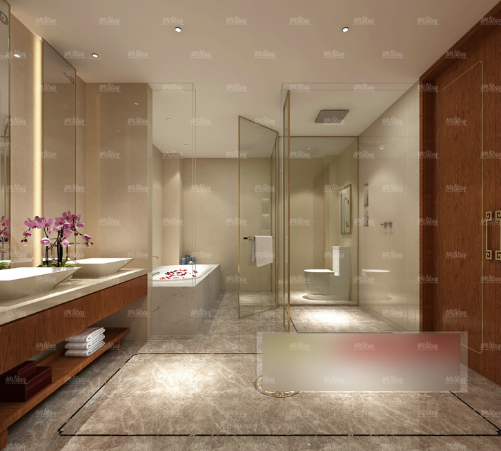 现代明亮大空间酒店浴室全景模型