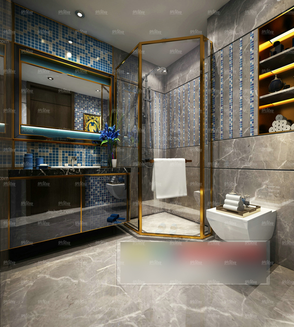 现代整洁蓝白格子浴室全景模型