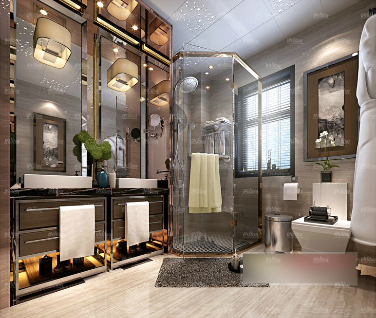 现代明亮舒适整洁浴室全景模型