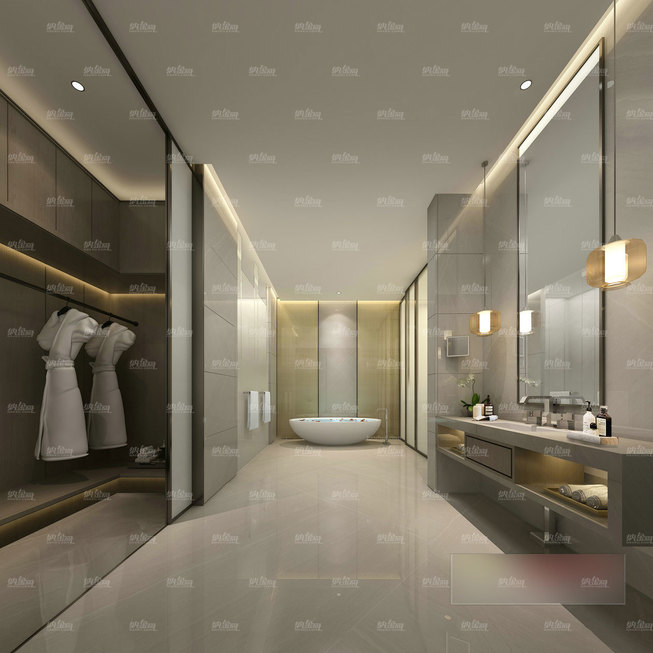 现代整洁宽敞明亮浴室全景模型