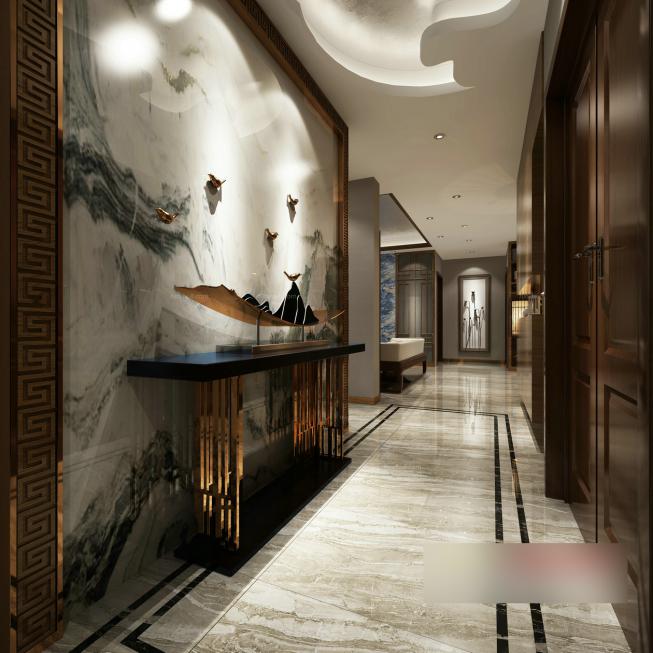 中式古典艺术水墨航海客厅走廊全景模型