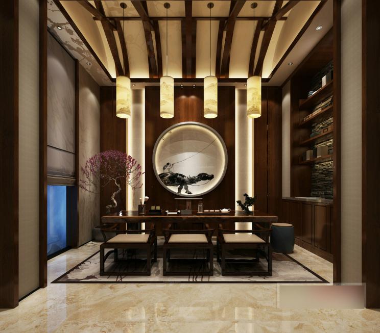 中式古典清幽雅致茶室全景模型