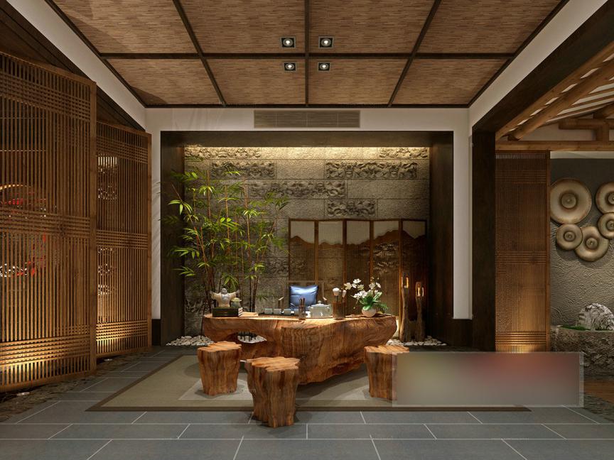 中式清晰竹林气息茶室全景模型