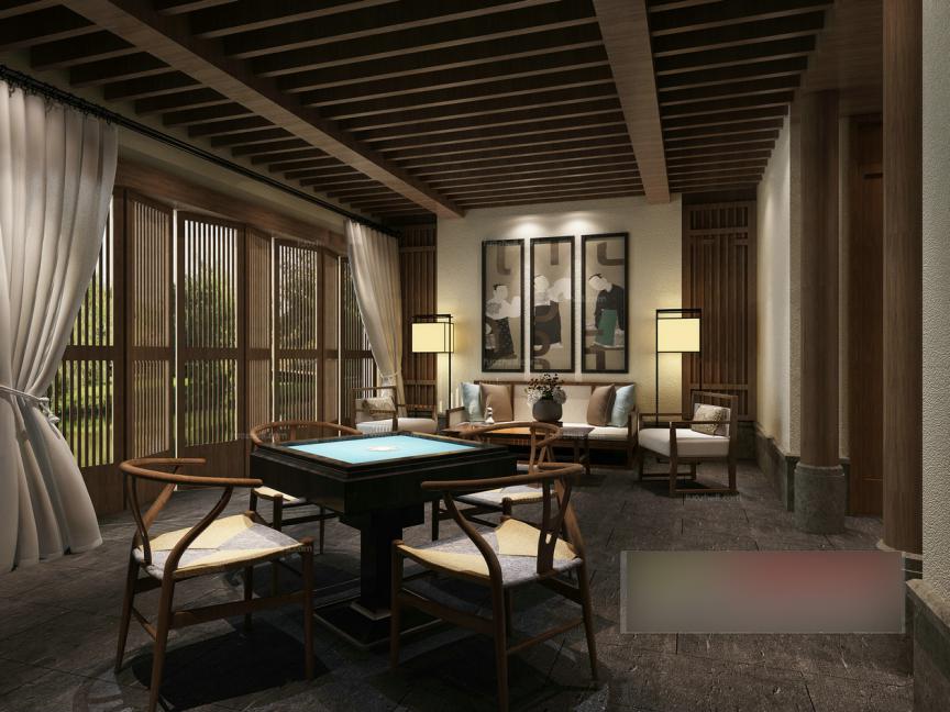 中式古典艺术画装饰棋牌室全景模型