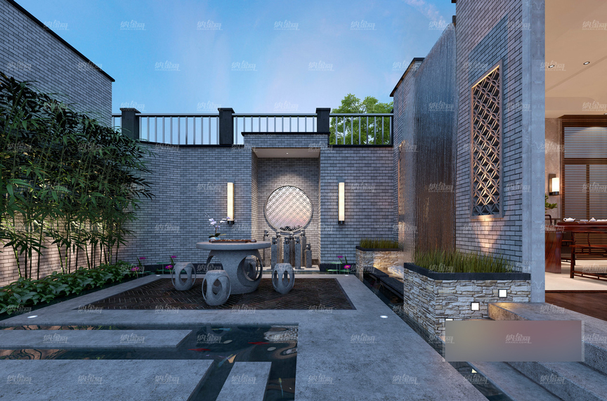 中式古典庭院阳台全景模型