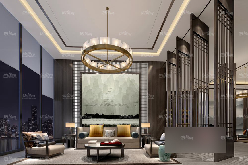 中式古典优雅舒适售楼处会客厅全景模型