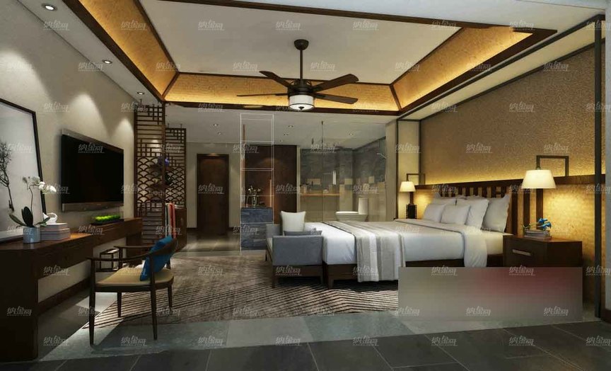 中式典雅酒店客房全景模型
