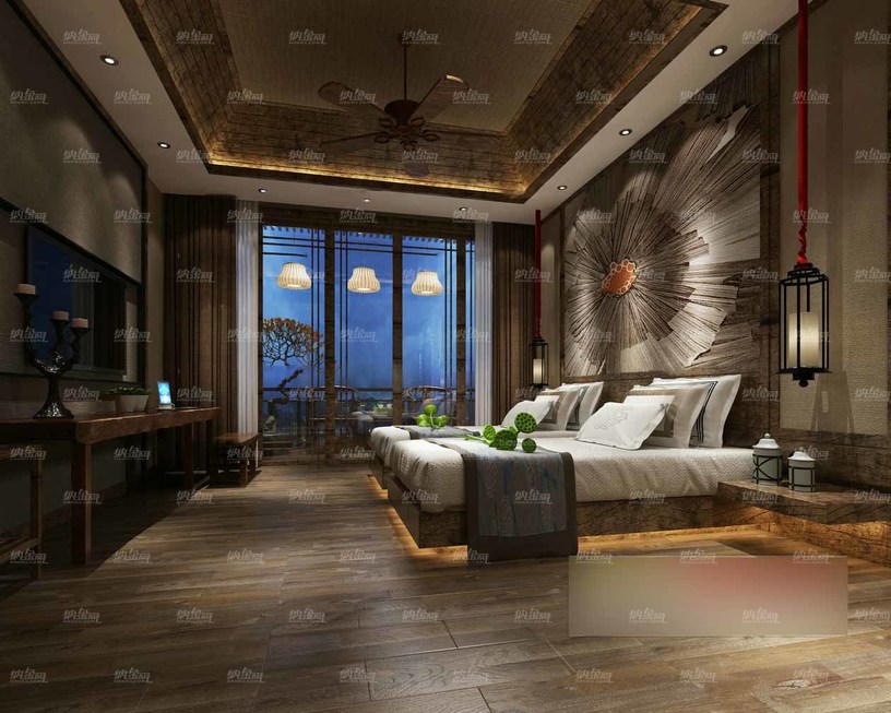 古典木质空间酒店客房全景模型
