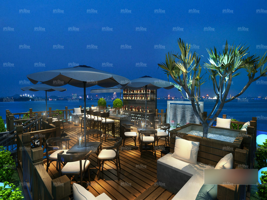 現代自然休閑海邊酒吧全景模型