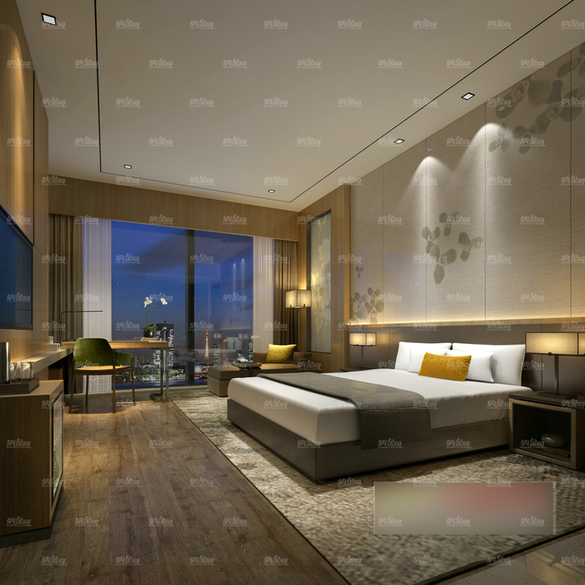 现代清晰典雅酒店客房全景模型