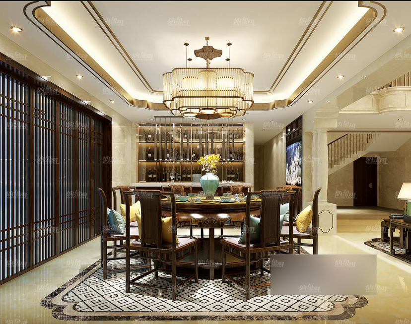 中式古典奢华高端餐厅全景模型