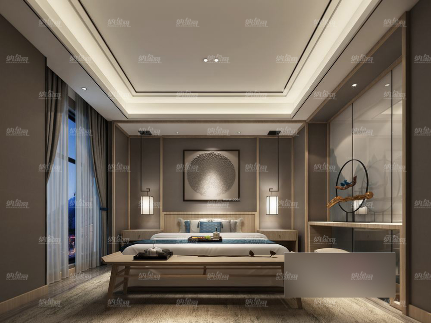 中式古典极简自然卧室全景模型
