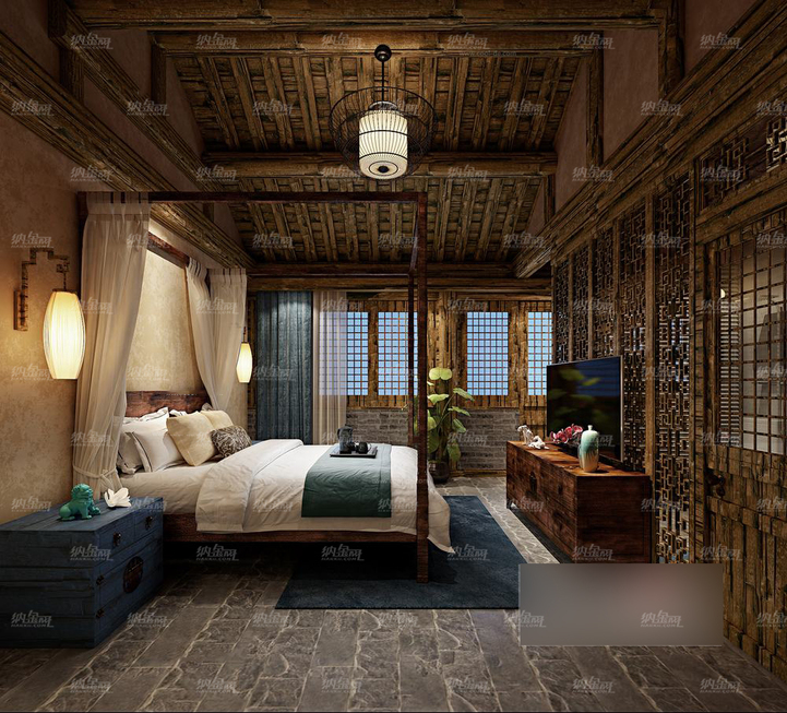 中式古香古色精致卧室全景模型