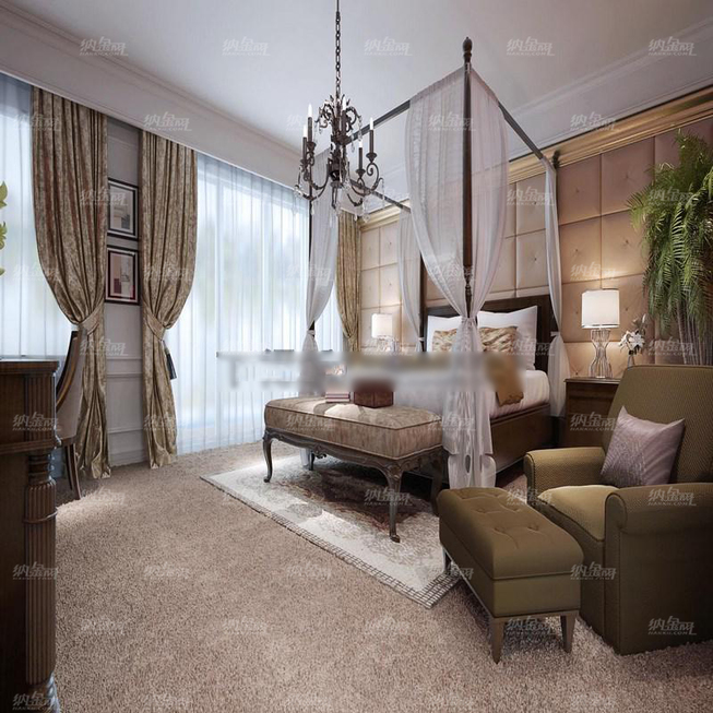 美式风舒适温馨卧室场景整体模型.