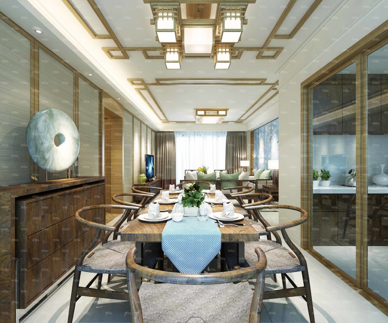 中式明亮高端餐厅场景整体模型