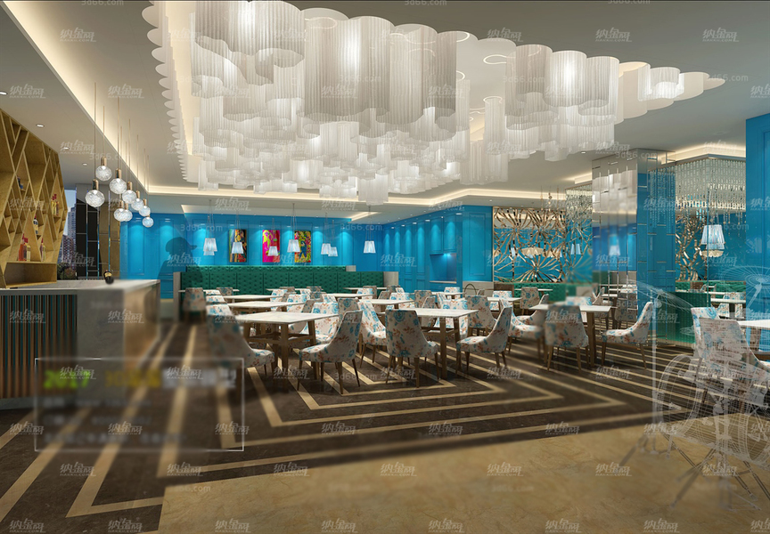 现代蓝白调餐厅场景整体模型