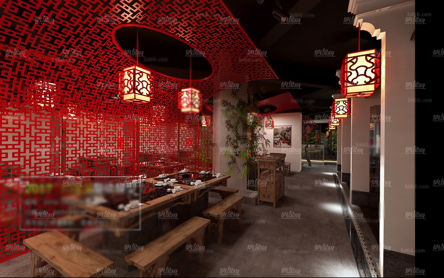 中式喜庆餐厅场景整体模型